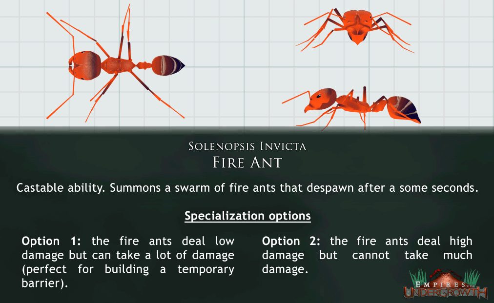 Castable ability. Summons a swarm of fire ants that de-spawn after a short while.